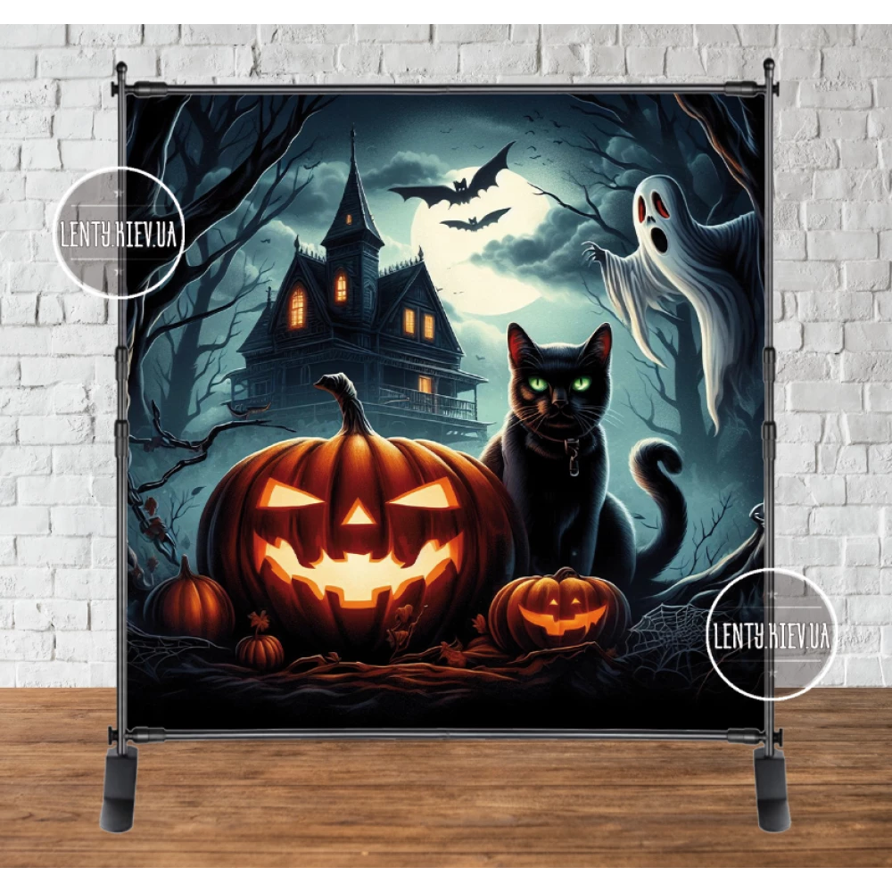 Баннер 2х2м “Хеловин. Кот и тыквы“ - для праздничной фотозоны (Без каркаса)