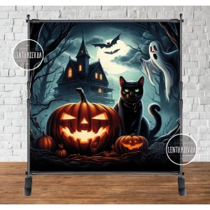 Изображение товара - Баннер 2х2м “Хеловин. Кот и тыквы“ - для праздничной фотозоны (Без каркаса)