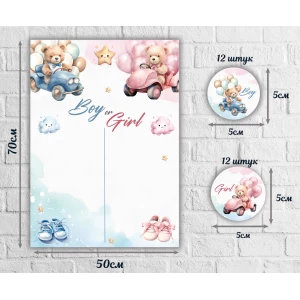 Изображение товара - Гендерный плакат на определение пола малыша 50х70см “Медвежата“ с наклейками для голосования 24 штуки