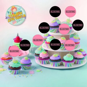 Изображение товара -  Круглые топперы “Блек Пинк / Black Pink“ k-pop к-поп“ (10 шт/уп) для кексов, маффинов, капкейков