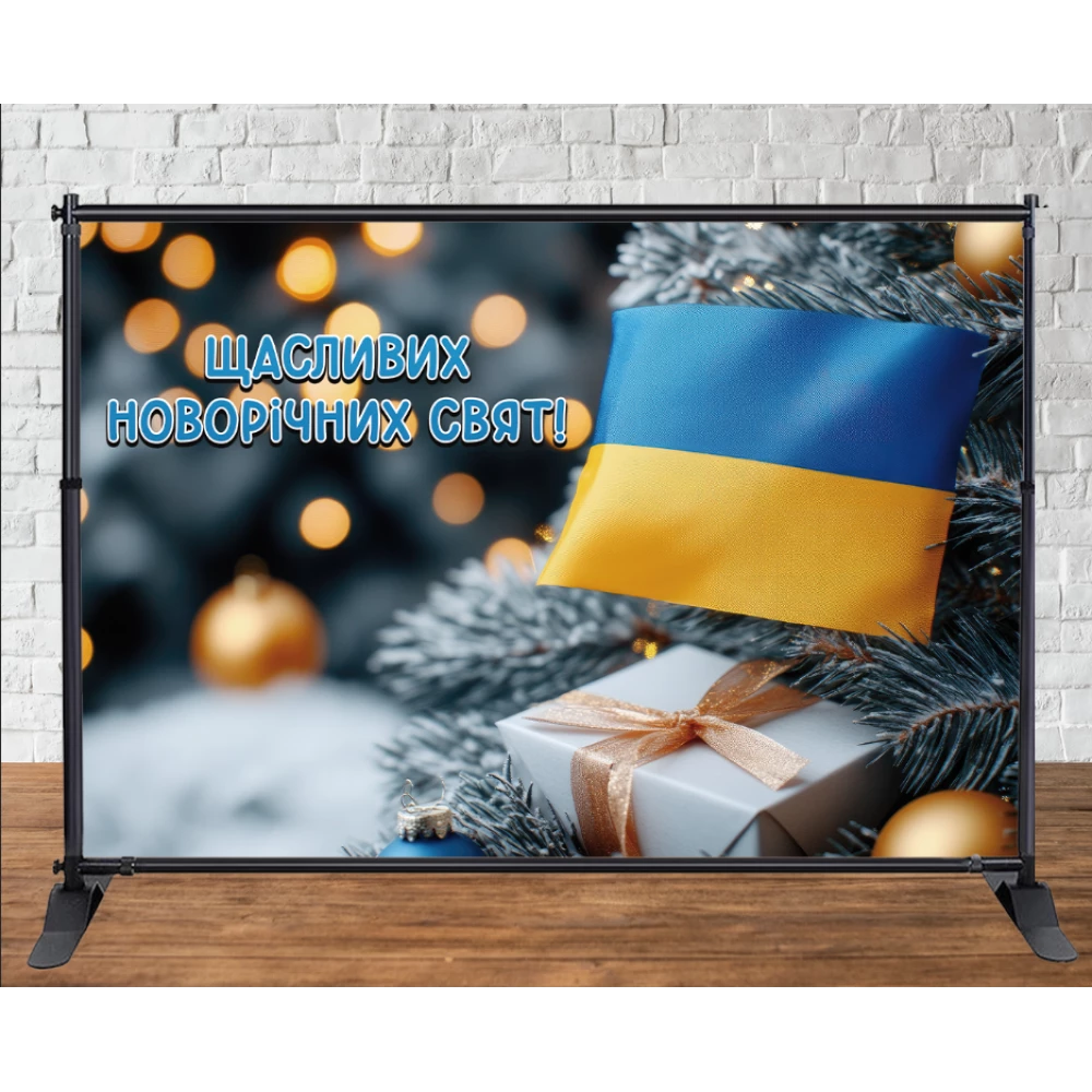 Патриотический Новогодний баннер. Флаг и елка с подарком 3х2м  - Фотозона (виниловый) (каркас отдельно) -