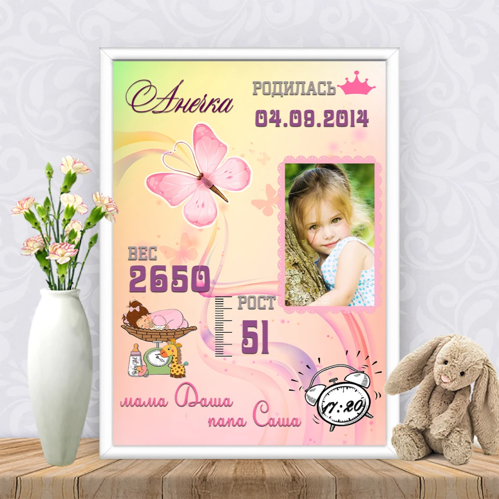Метрика “Розовая с бабочкой и фото“