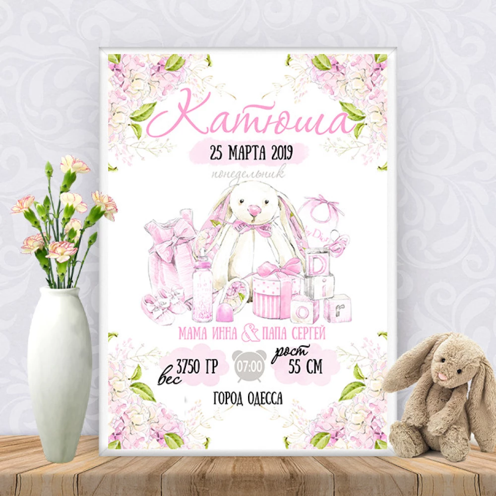 Метрика “Розовая зайка с подарками“