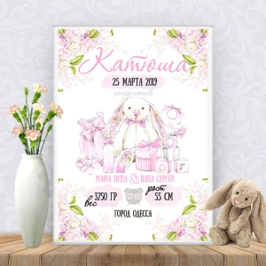 Изображение товара - Метрика “Розовая зайка с подарками“