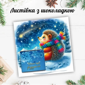 Изображение товара -  Новогодняя открытка с мини шоколадкой “Ежик. Мечты сбываются“  (поштучно)