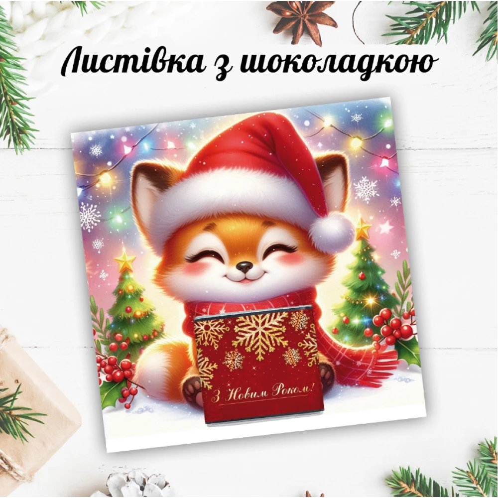Новогодняя открытка с мини шоколадкой “Лисенок с подарком“  (поштучно)