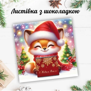 Изображение товара -  Новогодняя открытка с мини шоколадкой “Лисенок с подарком“  (поштучно)