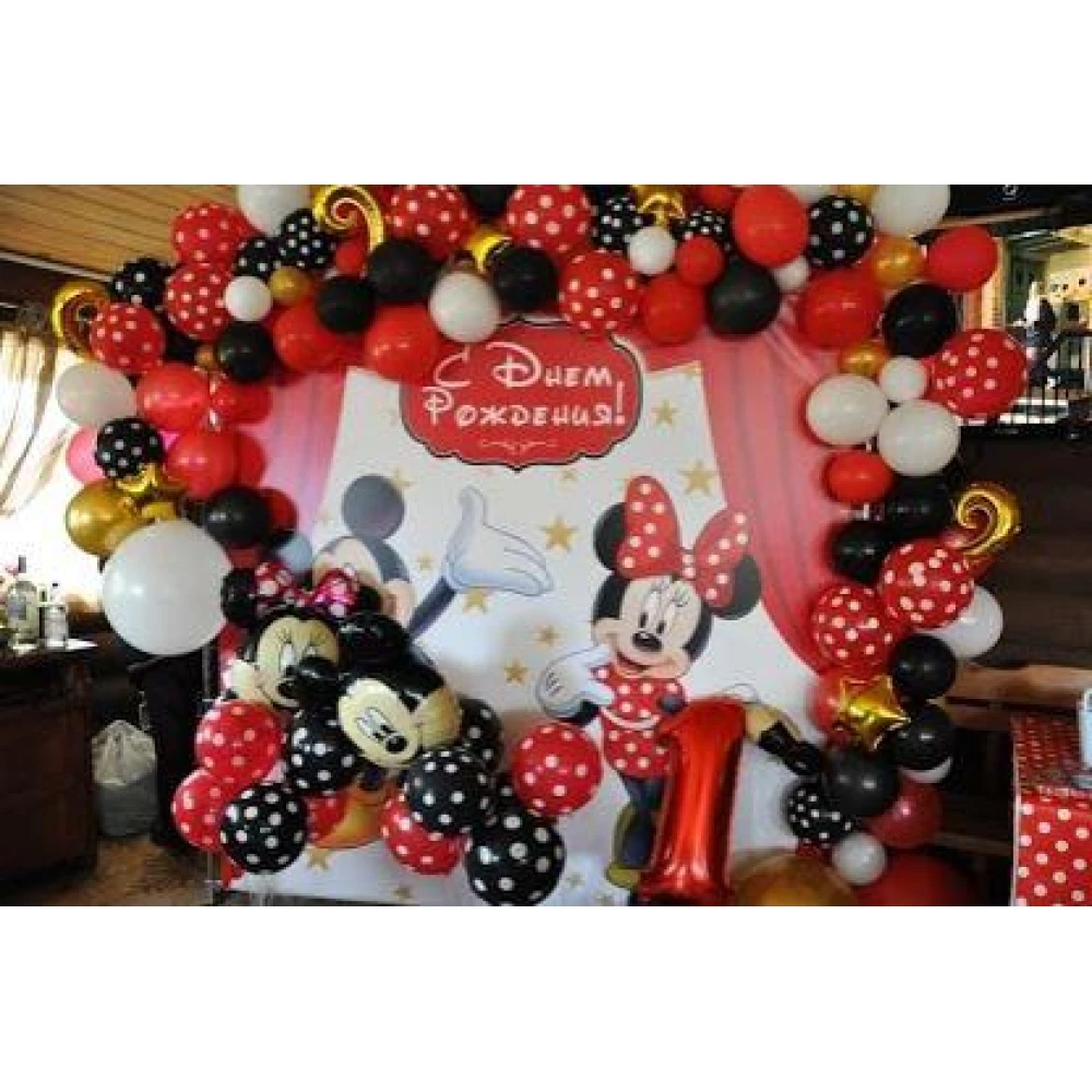 Баннер 2х2м “Микки и Минни Маус (красные кулисы)“ Фотозона (виниловый) на день рождения - Русский