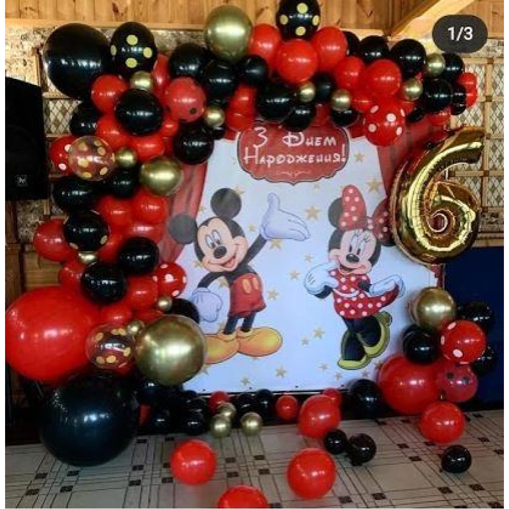 Баннер 2х2м “Микки и Минни Маус (красные кулисы)“ Фотозона (виниловый) на день рождения - Украинский