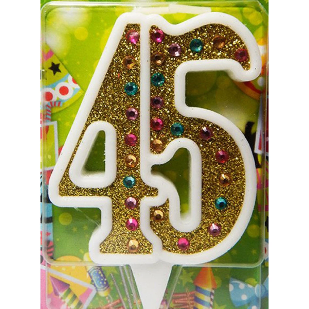 Свеча в торт на юбилей “Цифра 45“ Золото + стразы с белой окантовкой