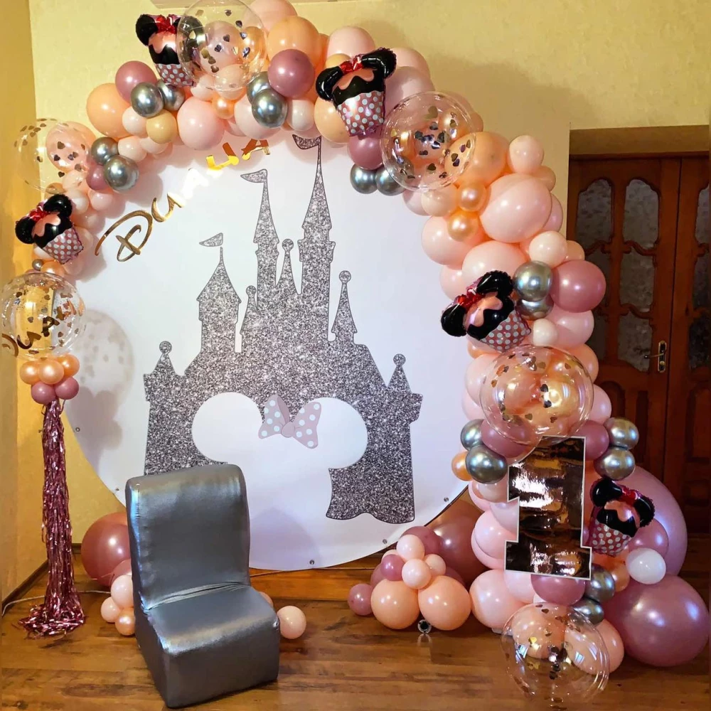 Баннер/фотозона круглая (диаметр 2м) “Замок Дисней Минни Маус (серебро)“