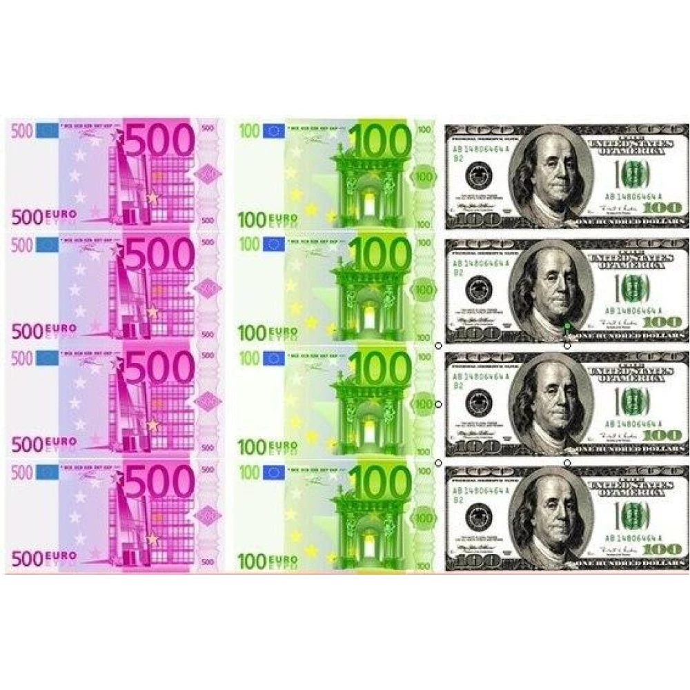 Вафельная картинка на торт “Деньги“ А4- 500 та 100 євро та 100 доларів горизонтальні