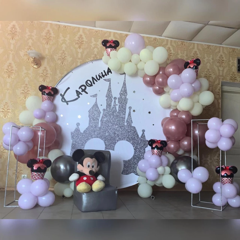 Баннер/фотозона круглая (диаметр 2м) “Замок Дисней Минни Маус (серебро)“
