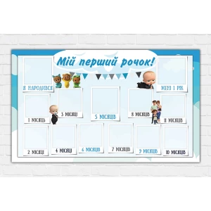 Изображение товара - Плакат-коллаж “12 місяців“ “Босс Молокосос“ “Мой первый годик“ Голубий 120х75 см - Украинский