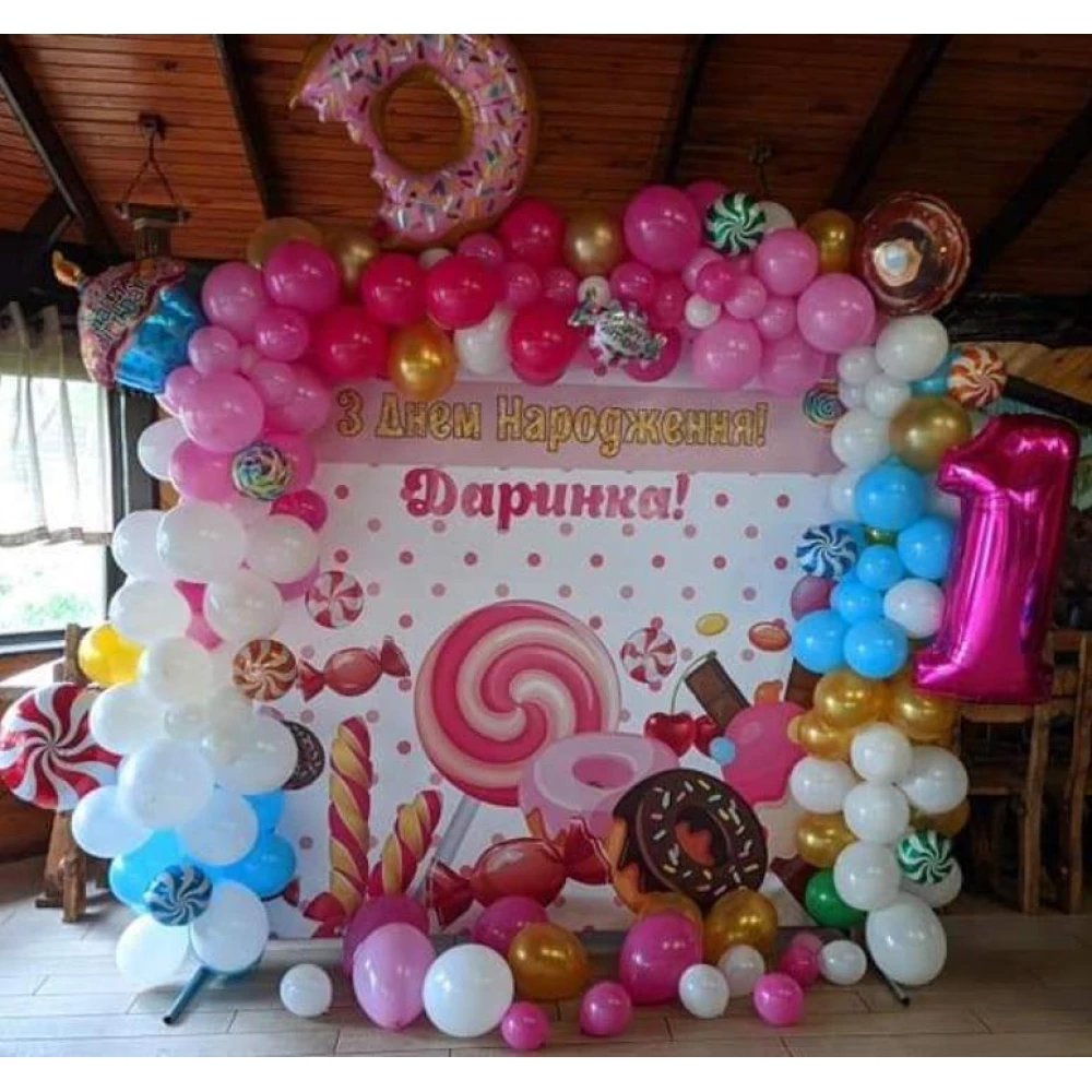 Баннер 2х2м. в стиле “Конфеты / Сладости“ - Фотозона (виниловый) на день рождения - Индивидуальная надпись