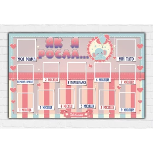 Изображение товара -  Плакат “Как я росла (слоники)“ (Беби шауэр/Baby shower Гендер Пати) для девочки 120х75 см - Украинский