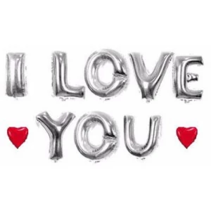 Изображение товара -  Надпись из фольги “ I LOVE YOU“ + 2 сердечка красных (40 см серебро)