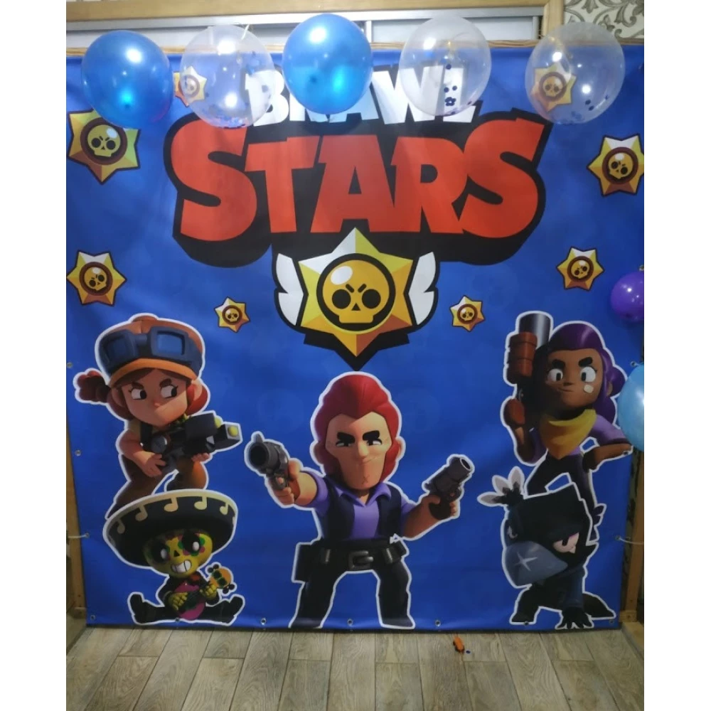 Баннер 2х2 м “Бравл Старс“ (синий) - Фотозона (виниловый) на день рождения (Без каркаса) -