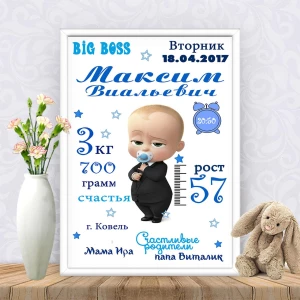 Изображение товара -  Метрика “Босс-Молокосос с соской“- Печать + оформление в рамку А3