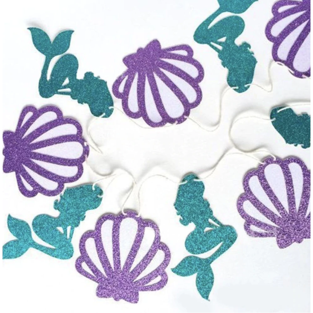 Гірлянда паперова гліттер русалка черепашки 3 метри (фіолетовий, бірюзовий) -
