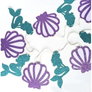 Зображення товара - Гірлянда паперова гліттер русалка черепашки 3 метри (фіолетовий, бірюзовий) -