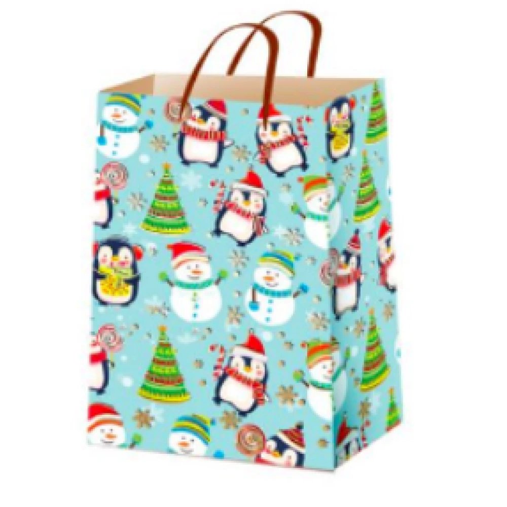 Новогодние пакеты лимитированные 26х16,5х7 (П5- Микс-15) Пингвины/снеговики (Мятный) П5-70