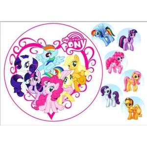 Изображение товара -  Вафельная картинка на торт “Маленькие Пони / Little Pony“ (на листе А4)- Пони 1круглая(белая с малиновым