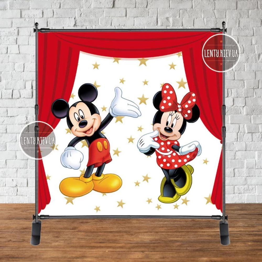 Баннер 2х2м “Микки и Минни Маус (красные кулисы)“ Фотозона (виниловый) на день рождения -