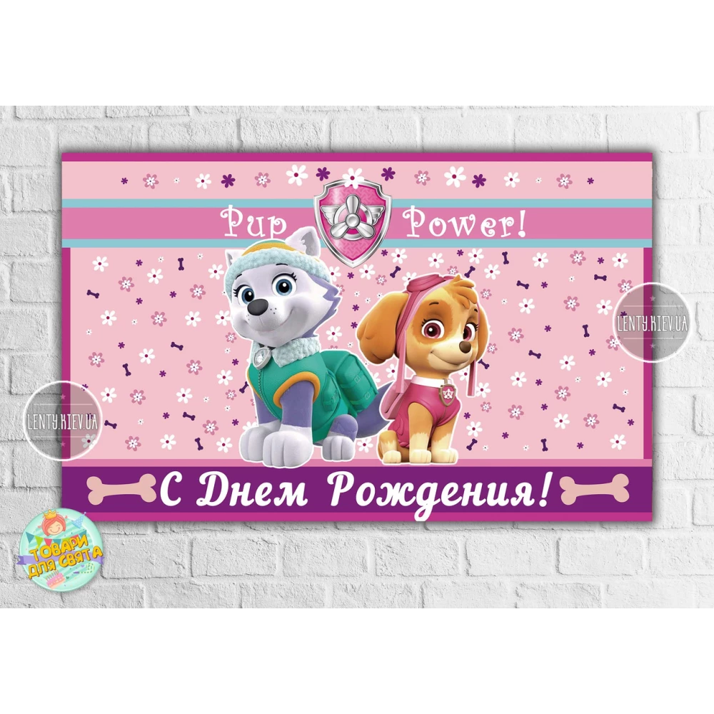 Плакат “Щенячий патруль - Скай и Эверест“ Розовый на детский День рождения 120х75 см - Русский язык