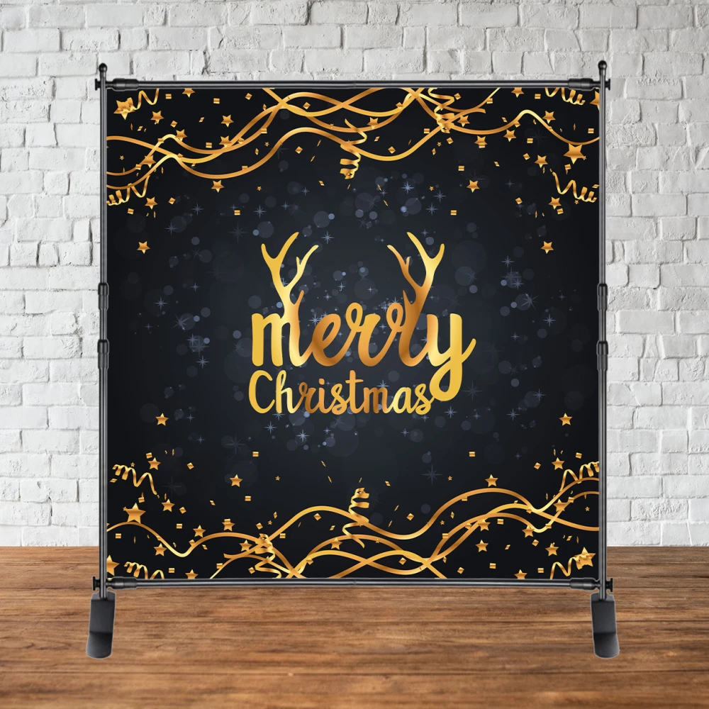 Баннер Новогодний / Рождество 2х2м (Оленьи Рога черно-золотой фон) “Merry Chrismas“ - Фотозона (виниловый)
