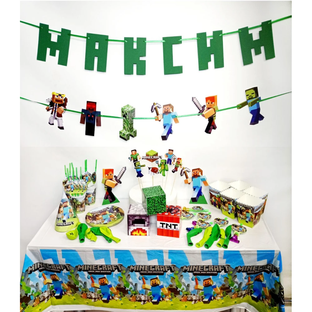 Набір святкового посуду та декору для оформлення Дня народження в стилі “Майнкрафт“ (Максі)