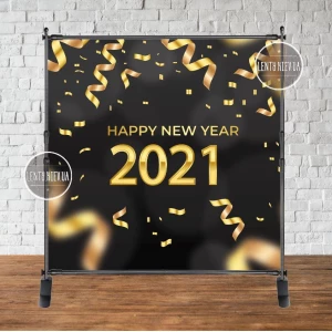 Изображение товара -  Баннер Новогодний 2х2м “Happy new year 2024“ (Черный фон Золото, Часы) - Фотозона (виниловый) (каркас