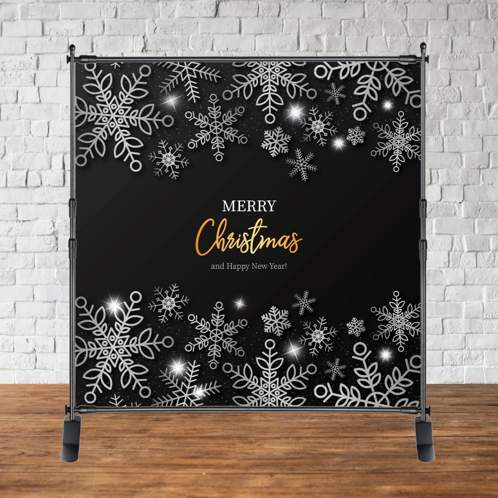 Баннер Новогодний / Рождество 2х2м “Merry Chrismas“ (Черно-серебряный, снежинки большие)  - Фотозона