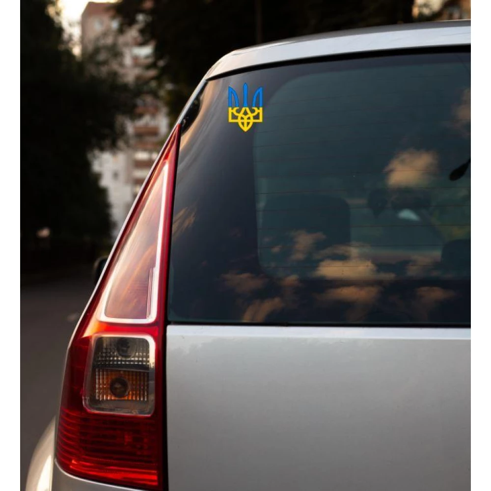 Патриотическая наклейка на авто / машину 10х7 см “Тризуб / герб Украины желто-голубой (жб)“ - на стекло