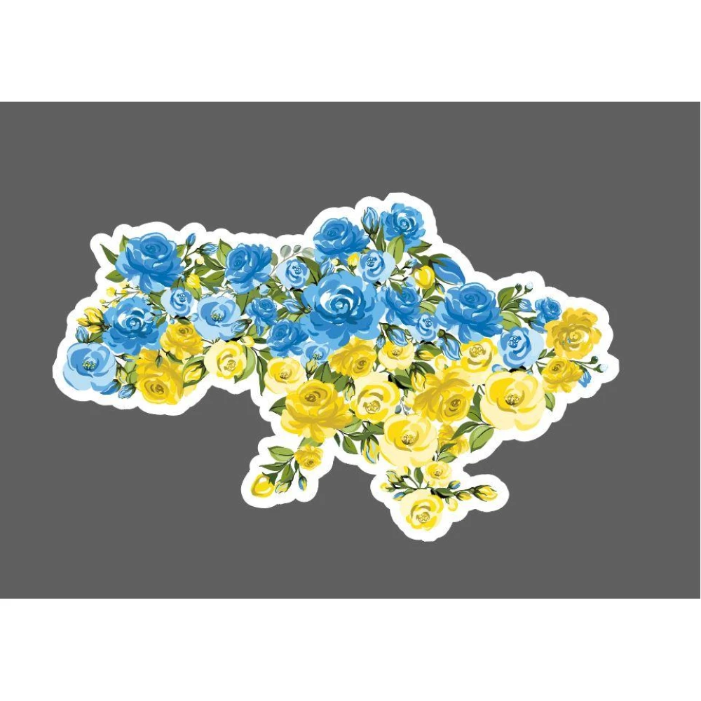 Патриотическая наклейка на машину “Карта Украины. Желто-голубые розы“ 20х12см - на стекло / авто / автомобиль