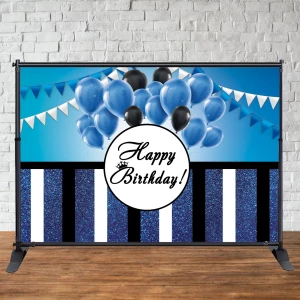 Изображение товара -  Баннер 3х2м “Happy Birthday (Синий в полоску)“ - Фотозона (виниловый) на День рождения -