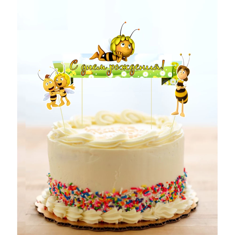 Набор Топперов “Пчёлка Майя / Maya the Bee“ в торт с флажком (КАРТОН)(Русский)