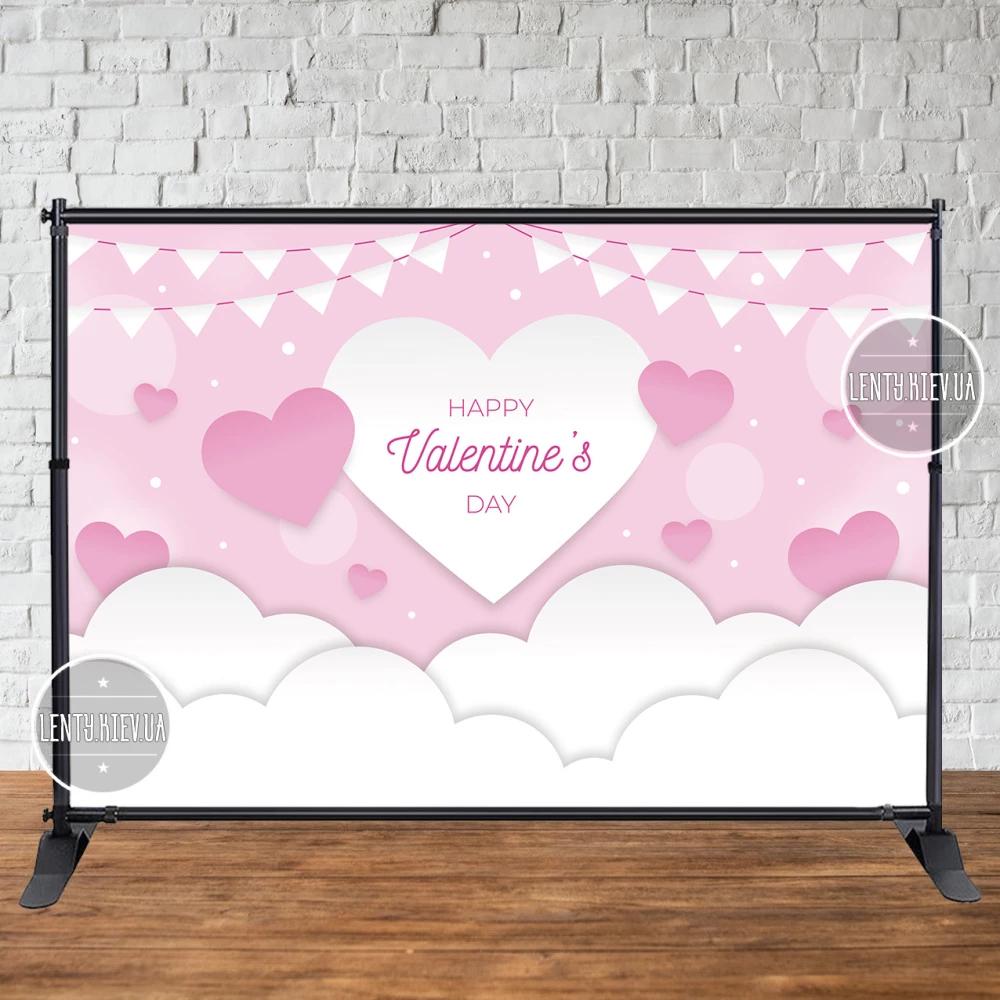 Баннер 3х2м “Happy Valentine`s Day (Бело-Розовый)“ для праздничной фотозоны
