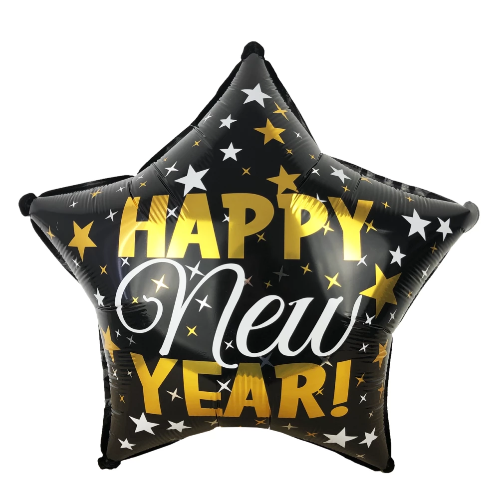 Звезда из фольги Черный с золотой надписью “Happy New Year“ (18 дюймов 45см)