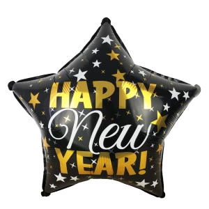 Изображение товара -  Звезда из фольги Черный с золотой надписью “Happy New Year“ (18 дюймов 45см)