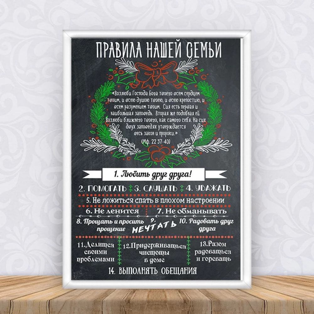 Постер “Правила нашего дома“ Рождество + рамка А4 - Русский