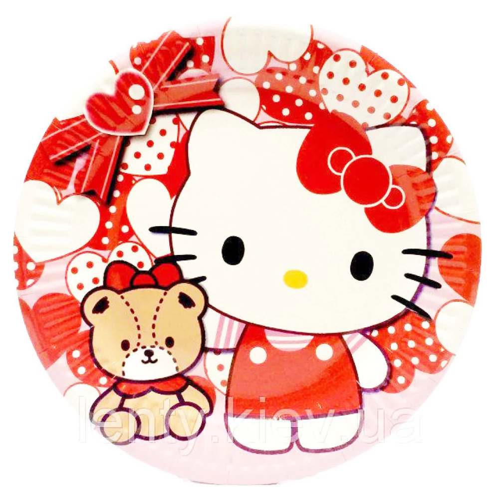 Тарелки 18см (10 шт) в стиле Китти/Hello Kitty бумажные одноразовые №2, Красно-белый