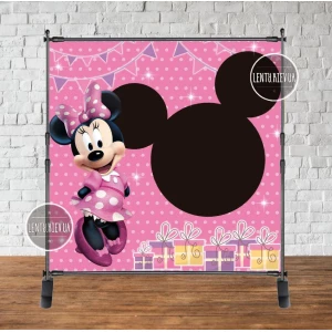 Изображение товара - Баннер 2х2м “Минни Маус (розовый с подарком)“ - Фотозона (виниловый) на день рождения -