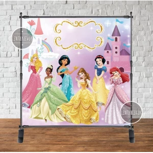 Изображение товара - Баннер 2х2м. “Принцессы Диснея,золотая рамка“ на День рождения - Фотозона (виниловый) -