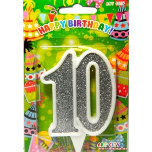 Зображення товара -  Свічка в торт на ювілей “Цифра 10“ Срібло з білою окантовкою