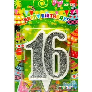 Зображення товара -  Свічка в торт на ювілей “Цифра 16“ Срібло з білою окантовкою