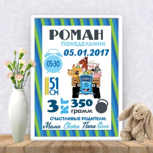 Изображение товара -  Метрика “Синий трактор“ Печать в виде постера А4