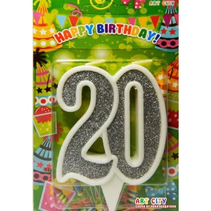 Изображение товара - Свеча в торт на юбилей “Цифра 20“ Серебро с белой окантовкой