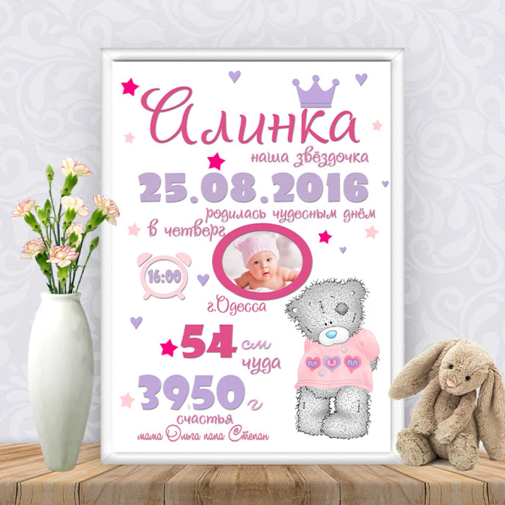 Метрика “Застенчивая Тедди с фото“-- Печать + оформление в рамку А3