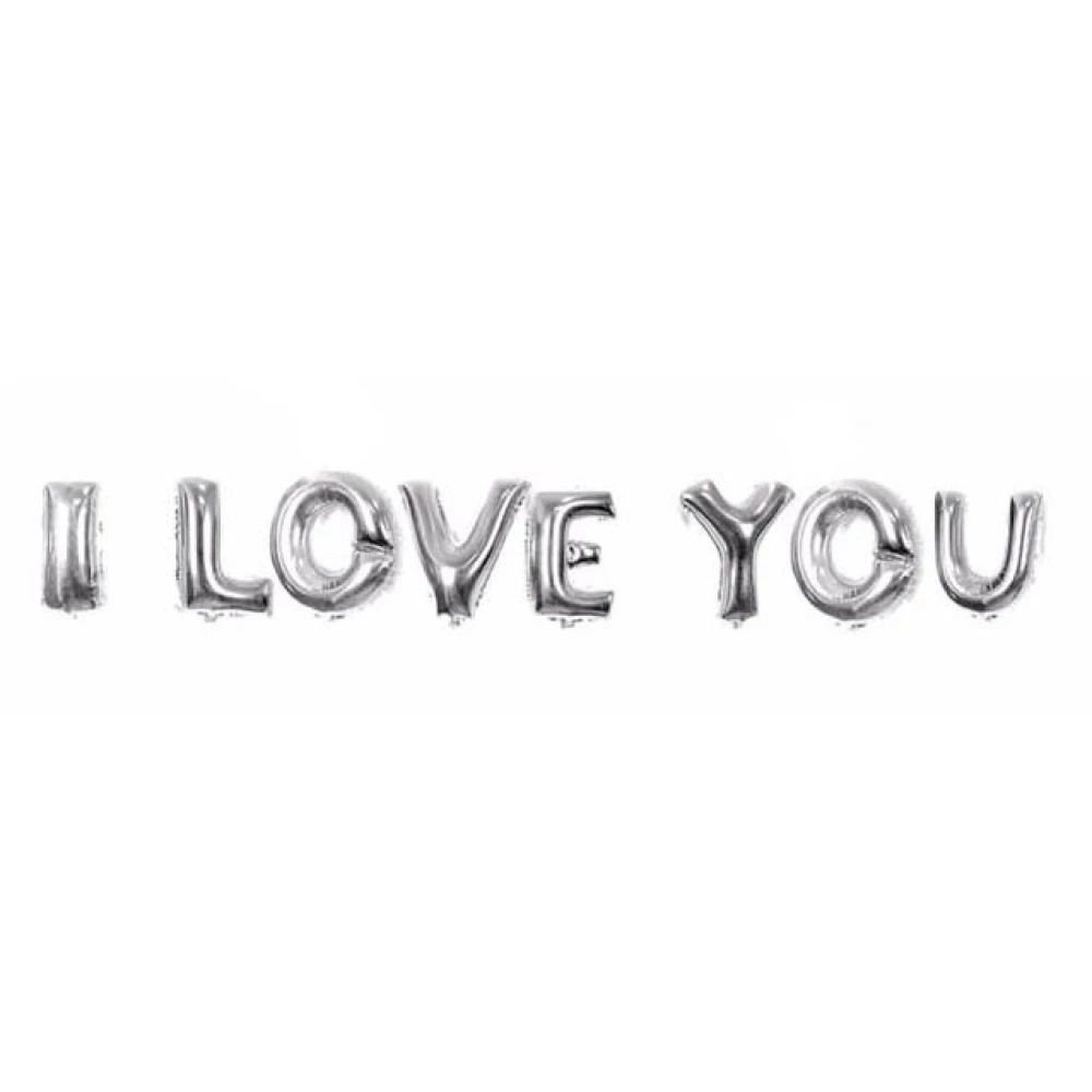 Надпись из фольги “ I LOVE YOU“ + 2 сердечка красных (40 см серебро)